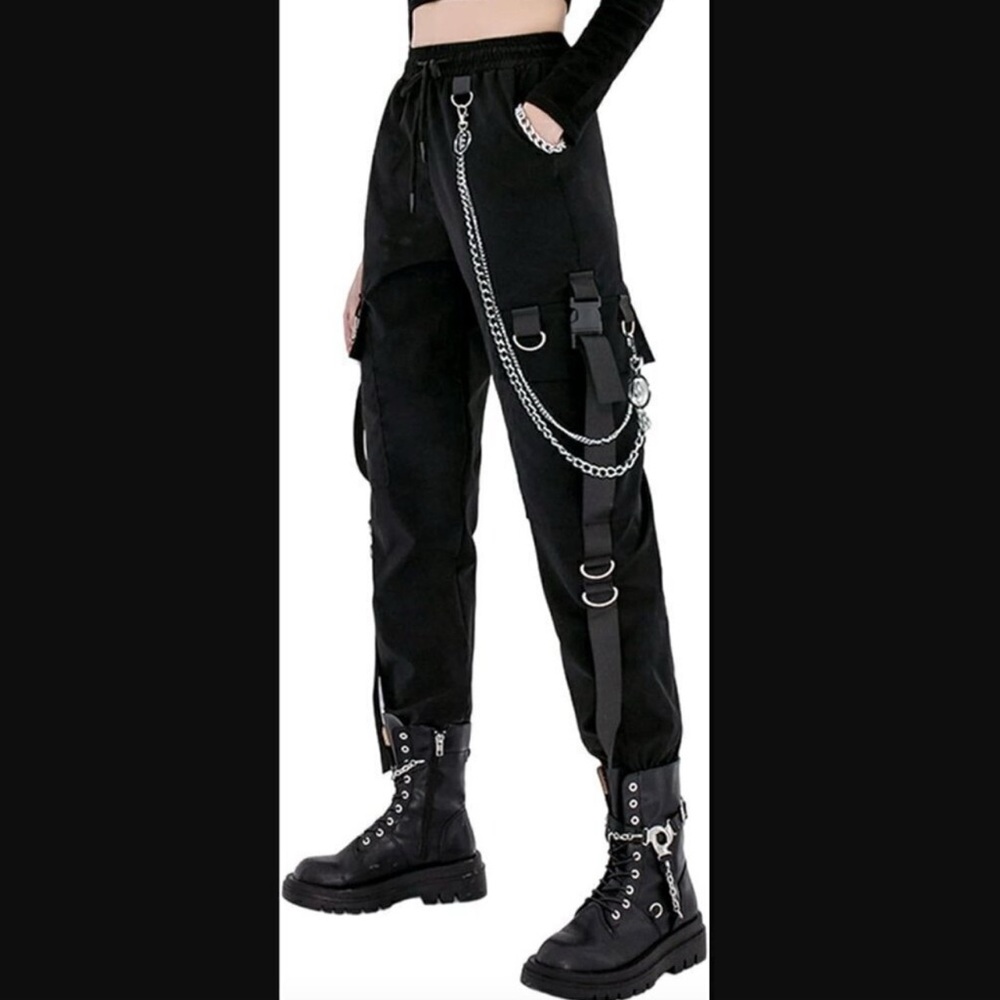 Cargo Pants L NWOT Loose Street Rock Casual Black Pants Chain Goth Black Emo - Picture 7 of 7